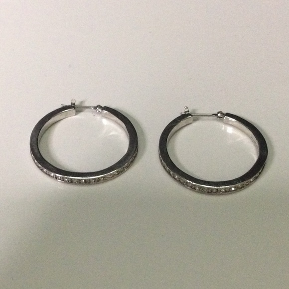 Silver Hoops with Faux Diamond Accents and Latch Closure - Picture 2 of 3